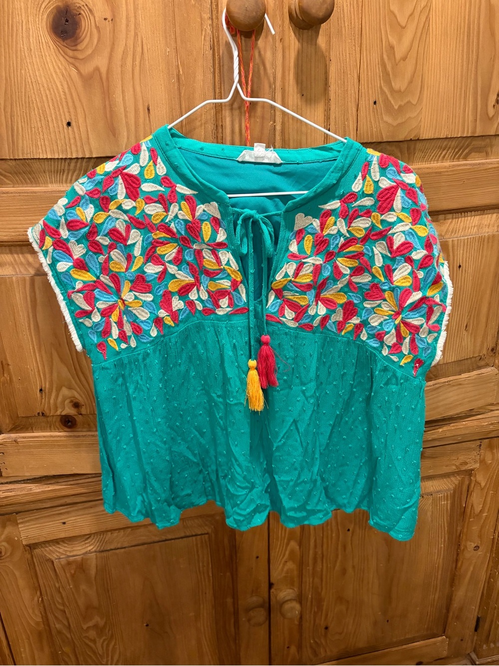 THML Teal Embroidered Peasant Blouse with Tassel Ties